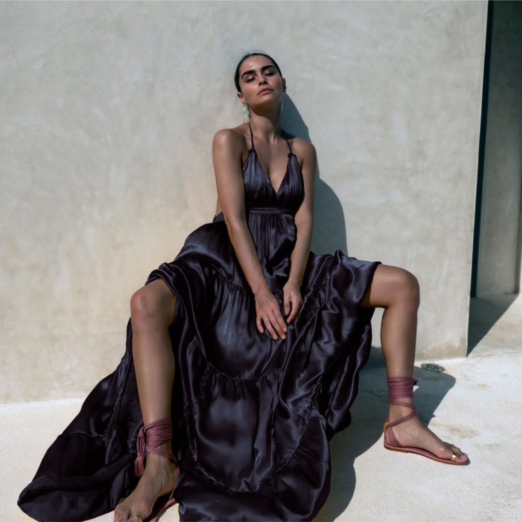 Erika Pea Lily Black Satin Maxi Dress Some Size $550